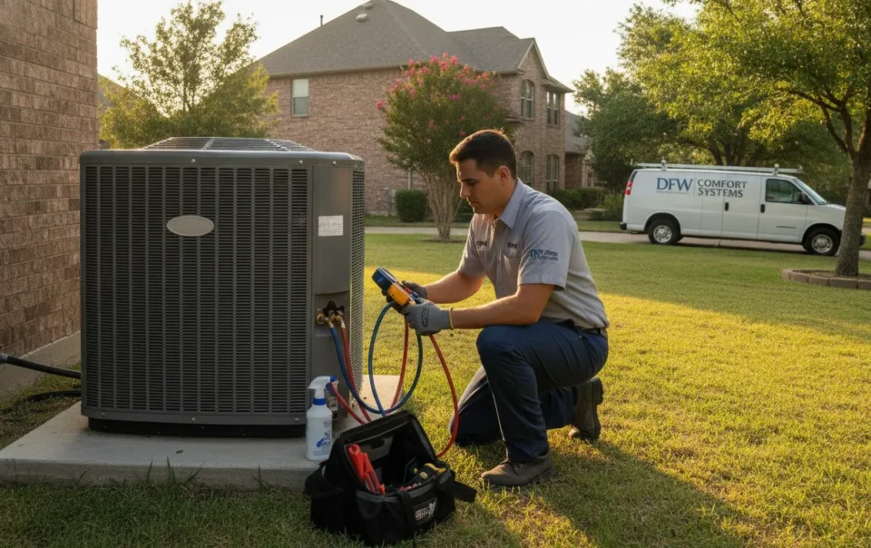 HVAC technician inspecting an air conditioning unit at a residential home in Dallas-Fort Worth