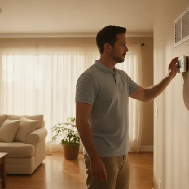 Confused homeowner looking at a wall thermostat in a warm living room
