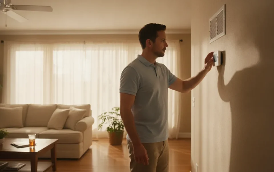 Confused homeowner looking at a wall thermostat in a warm living room