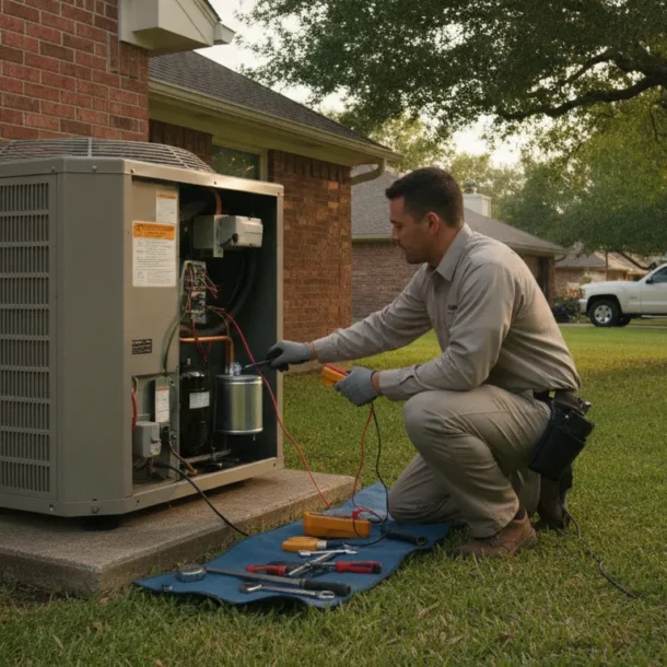 DFW HVAC technician inspecting an outdoor AC unit