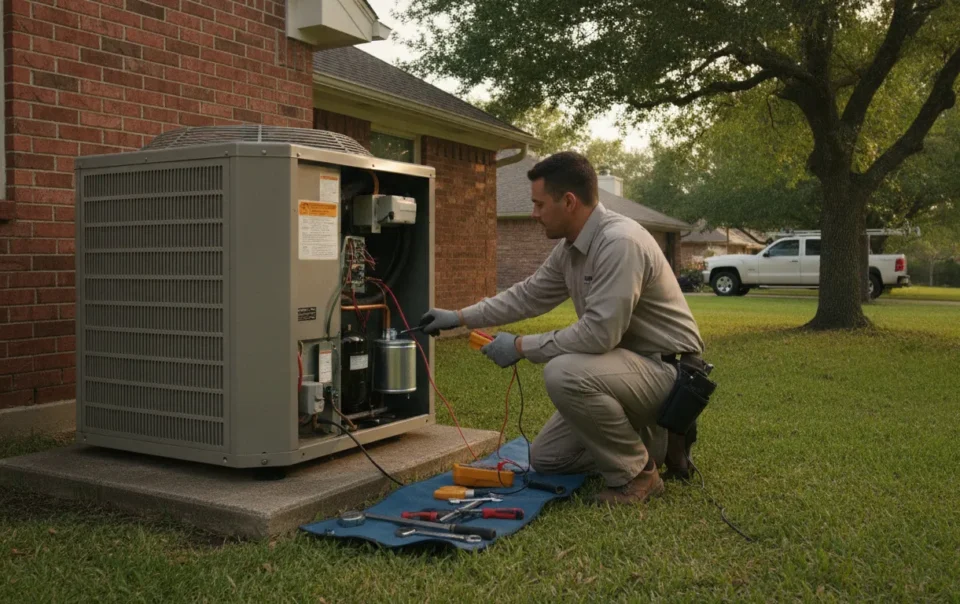 DFW HVAC technician inspecting an outdoor AC unit