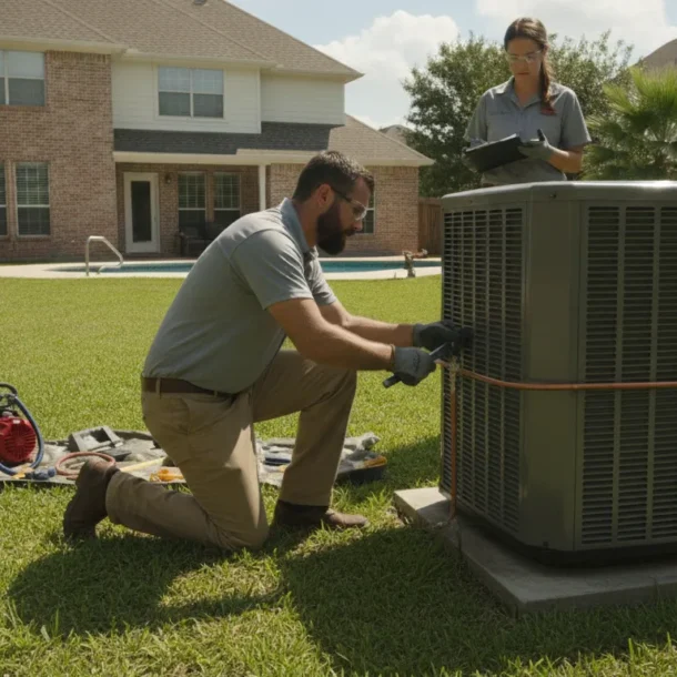Technicians installing a new central air conditioning unit in the backyard of a Dallas home