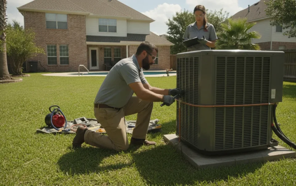 Technicians installing a new central air conditioning unit in the backyard of a Dallas home