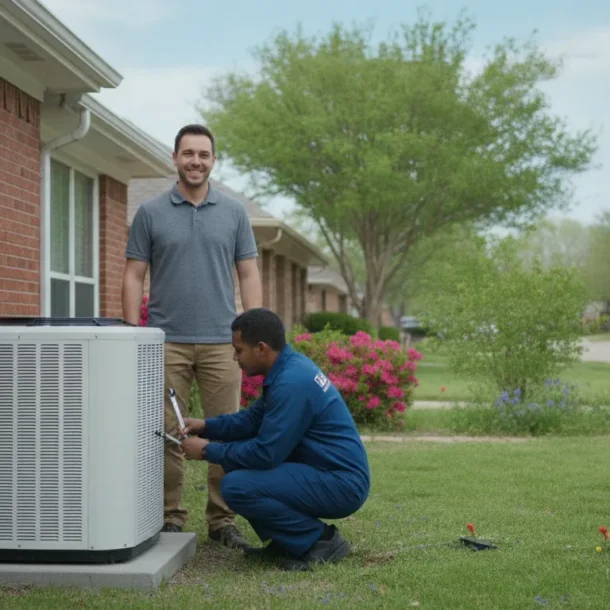 HVAC technician inspecting a new central air conditioner condenser unit beside a Dallas-Fort Worth home in mild shoulder-season weather.