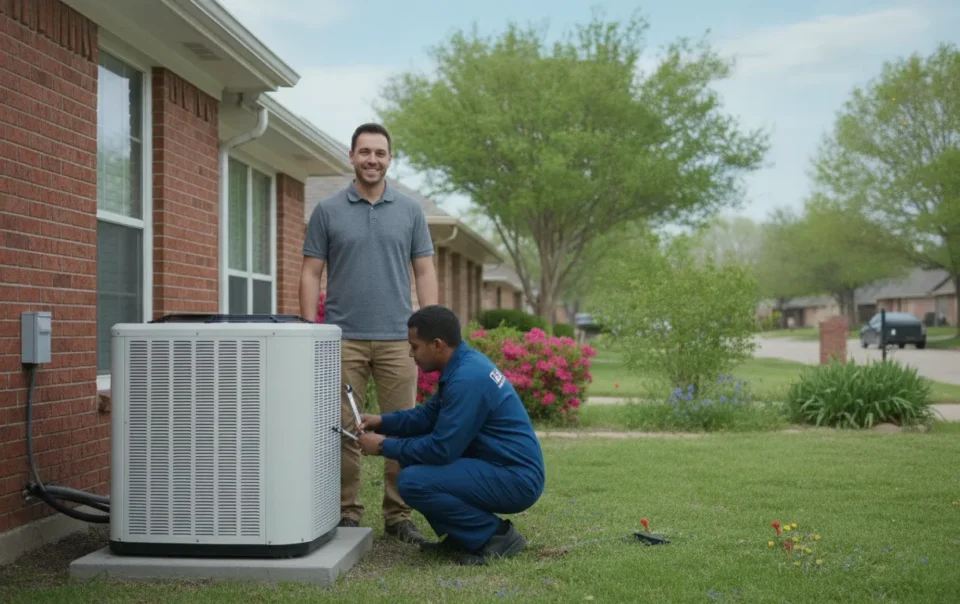 HVAC technician inspecting a new central air conditioner condenser unit beside a Dallas-Fort Worth home in mild shoulder-season weather.