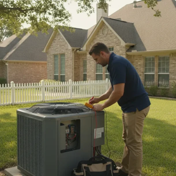HVAC technician inspecting a modern AC condenser unit in a Texas backyard
