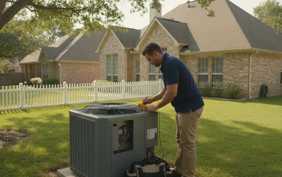 HVAC technician inspecting a modern AC condenser unit in a Texas backyard