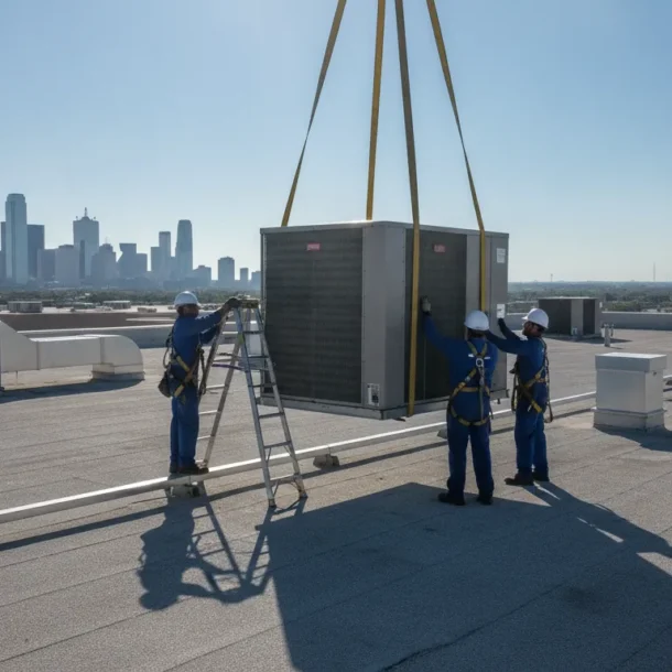 Commercial HVAC technician working on a rooftop package unit for a Dallas Fort Worth business