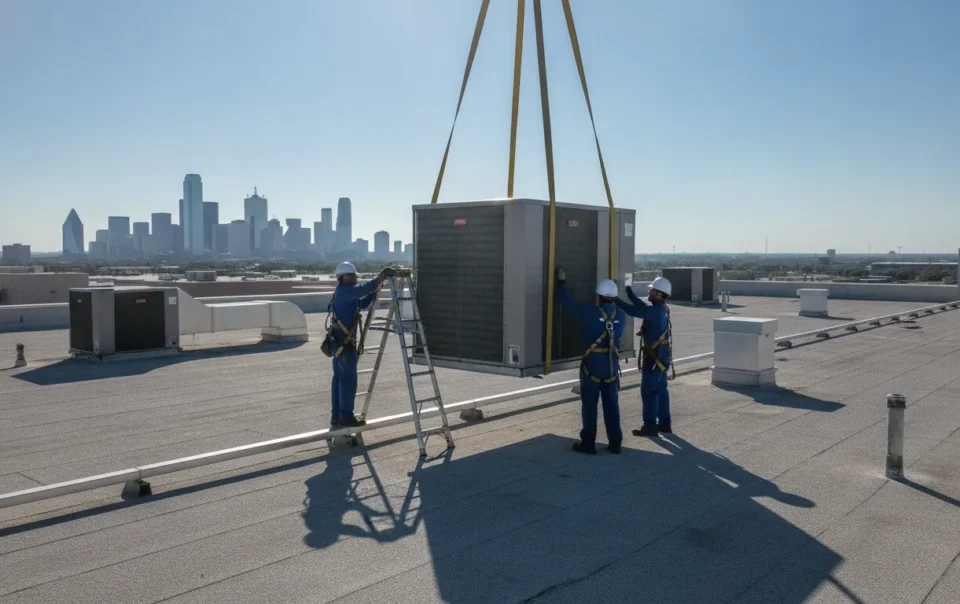 Commercial HVAC technician working on a rooftop package unit for a Dallas Fort Worth business