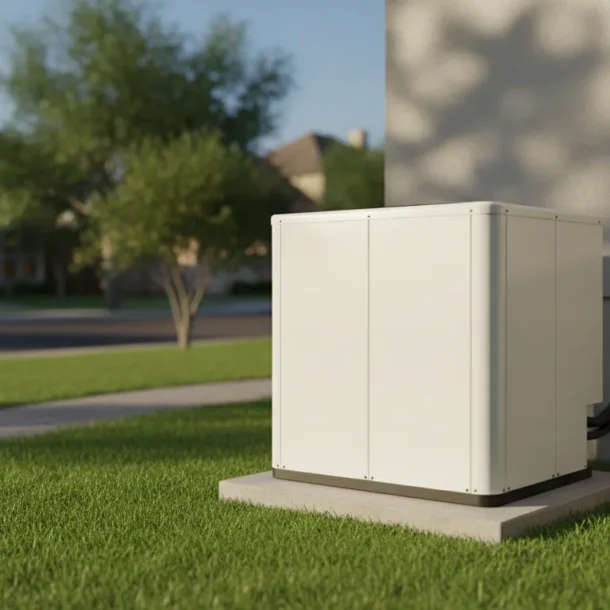 Outdoor electric heat pump condenser unit installed beside a DFW home
