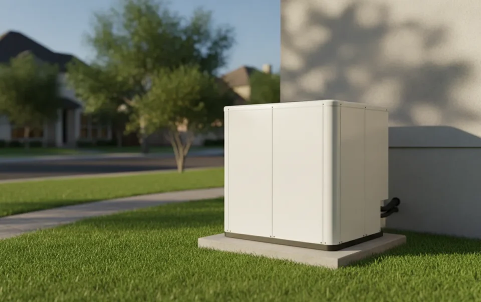 Outdoor electric heat pump condenser unit installed beside a DFW home