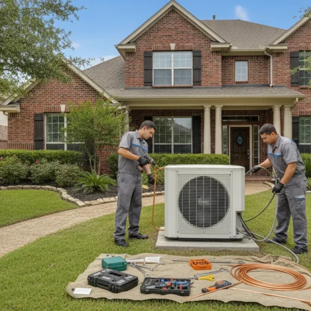HVAC technicians installing a new outdoor heat pump condenser at a suburban DFW home