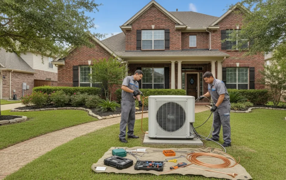 HVAC technicians installing a new outdoor heat pump condenser at a suburban DFW home