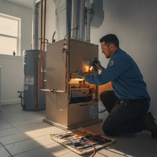 HVAC technician inspecting a furnace in a DFW home