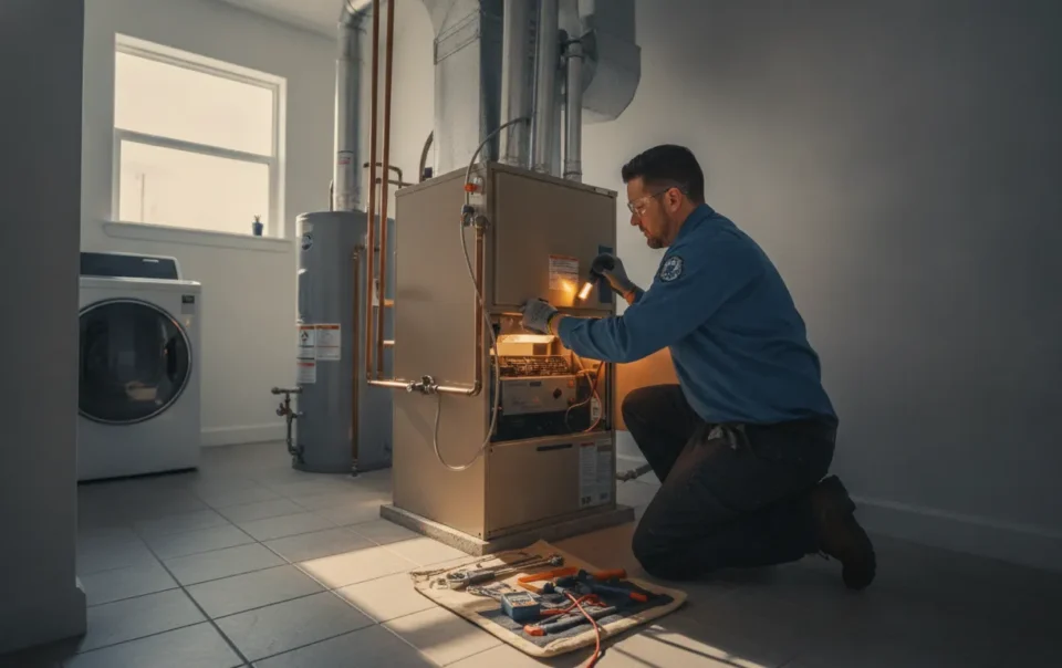HVAC technician inspecting a furnace in a DFW home