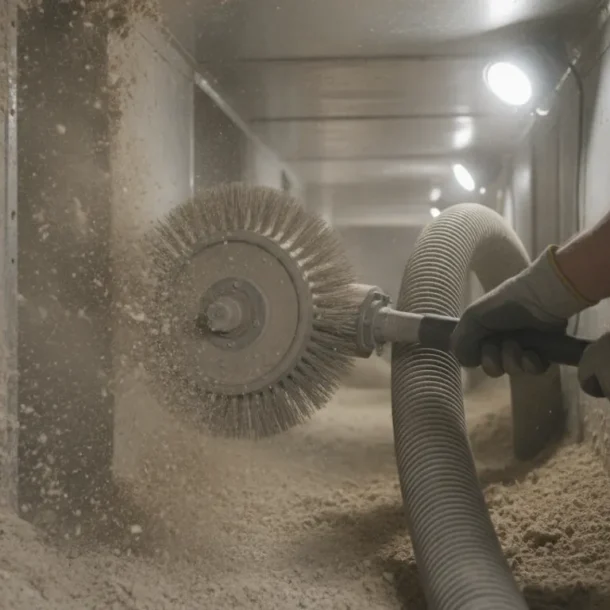 HVAC technician cleaning air ducts with professional vacuum equipment in a residential attic