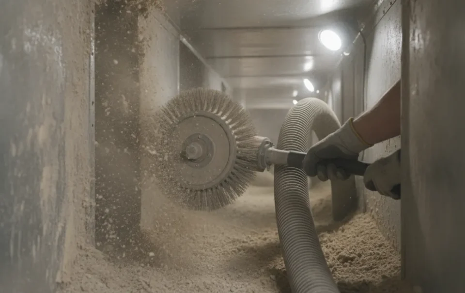 HVAC technician cleaning air ducts with professional vacuum equipment in a residential attic