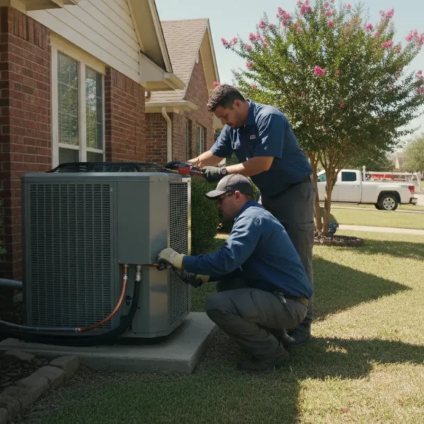 HVAC technicians installing a central air conditioner condenser unit beside a Texas home