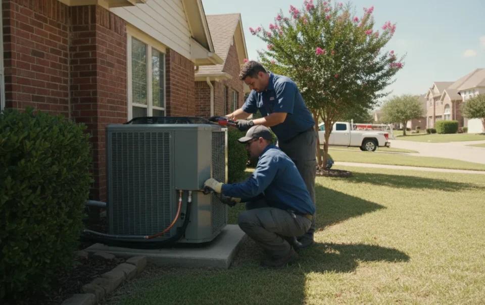 HVAC technicians installing a central air conditioner condenser unit beside a Texas home