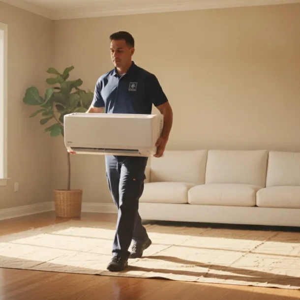HVAC technician entering a prepared living room with floors protected for a new AC installation