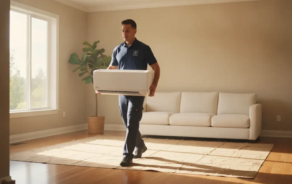 HVAC technician entering a prepared living room with floors protected for a new AC installation