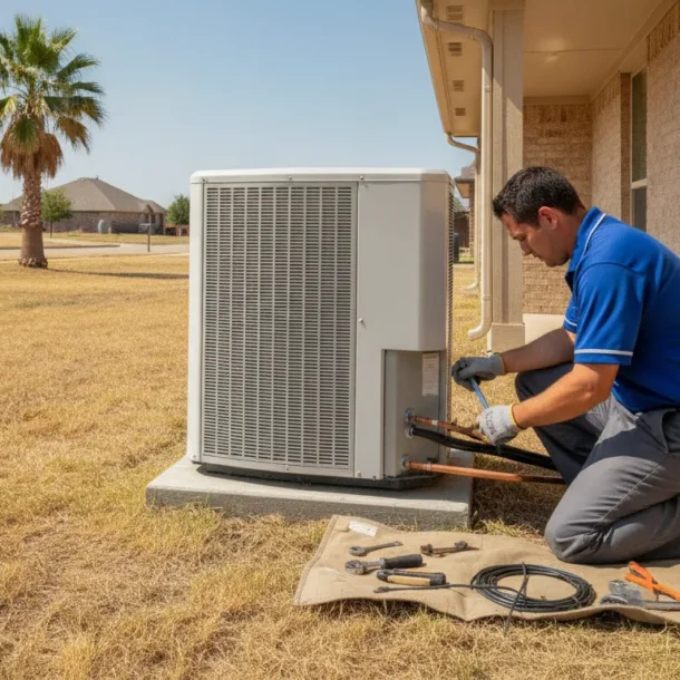 Professional technician installing a premium air conditioning condenser unit outside a Texas home on a hot sunny day