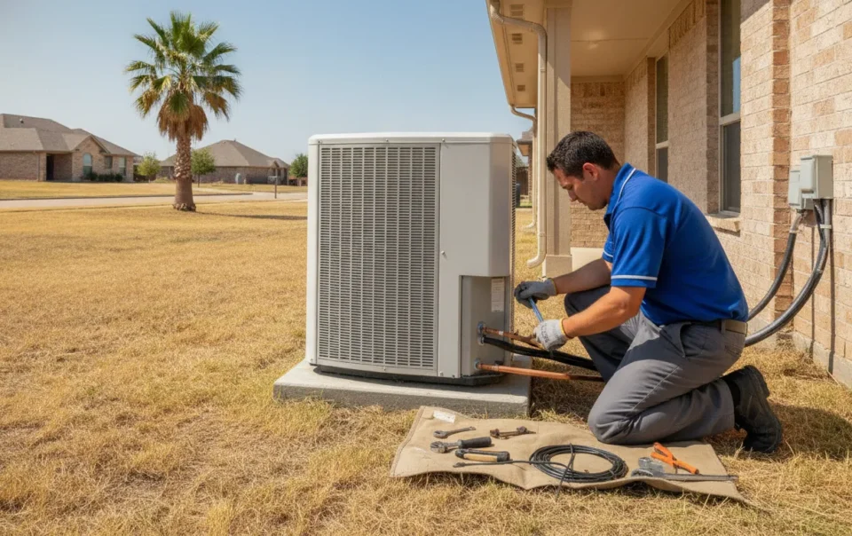 Professional technician installing a premium air conditioning condenser unit outside a Texas home on a hot sunny day