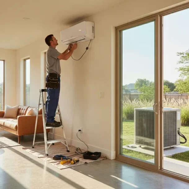 Technician installing a ductless mini-split system in a DFW home