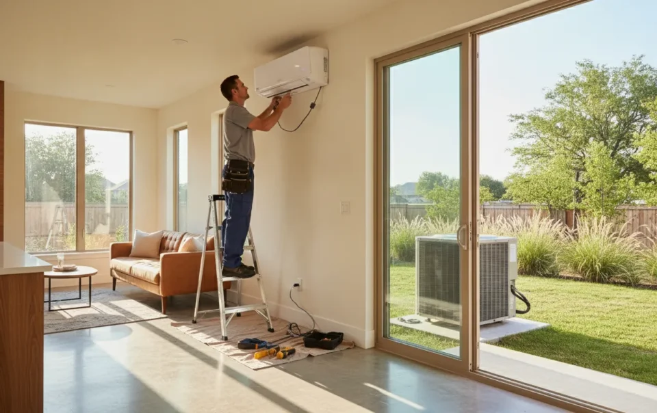Technician installing a ductless mini-split system in a DFW home
