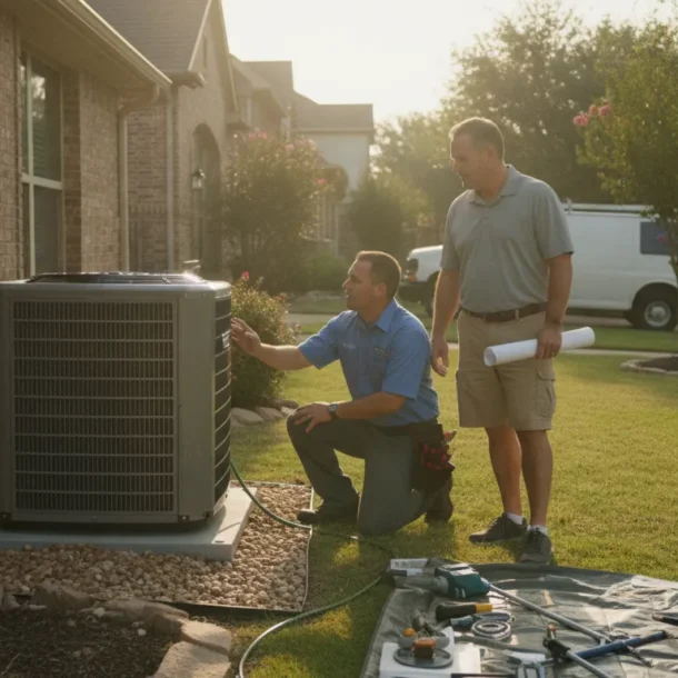 Technician reviewing a modern Carrier AC condenser beside a DFW home
