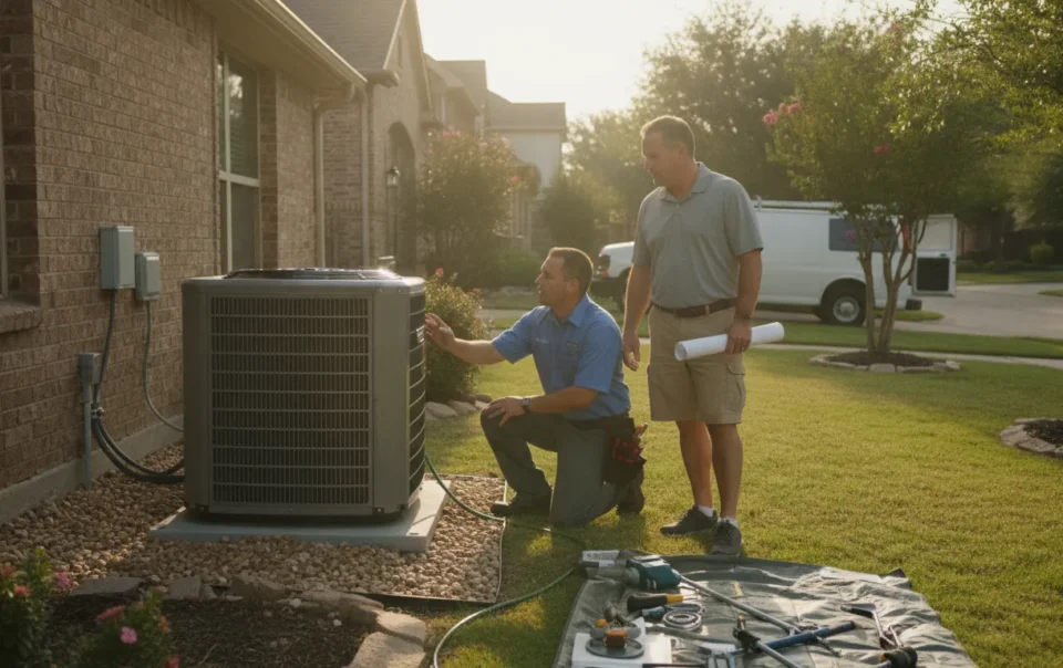 Technician reviewing a modern Carrier AC condenser beside a DFW home