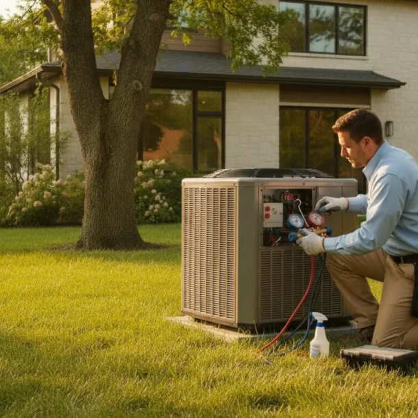 HVAC technician inspecting an outdoor air conditioning condenser unit in a residential backyard
