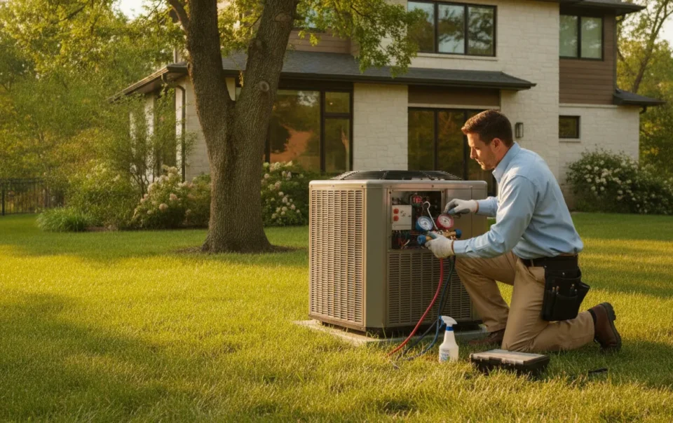 HVAC technician inspecting an outdoor air conditioning condenser unit in a residential backyard