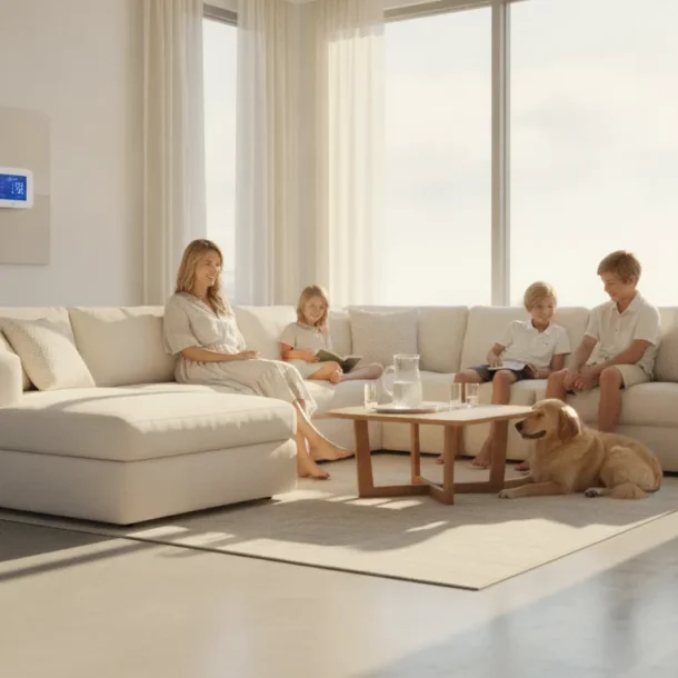 Family relaxing in a cool Texas living room with a modern smart thermostat on the wall showing how smart thermostat benefits texas hvac owners in DFW
