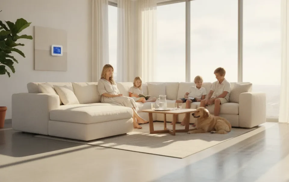 Family relaxing in a cool Texas living room with a modern smart thermostat on the wall showing how smart thermostat benefits texas hvac owners in DFW