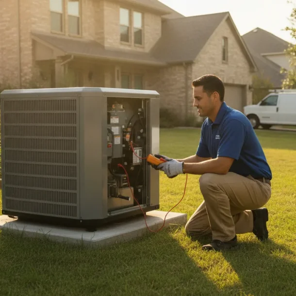 Modern HVAC condensing unit and technician beside a DFW home