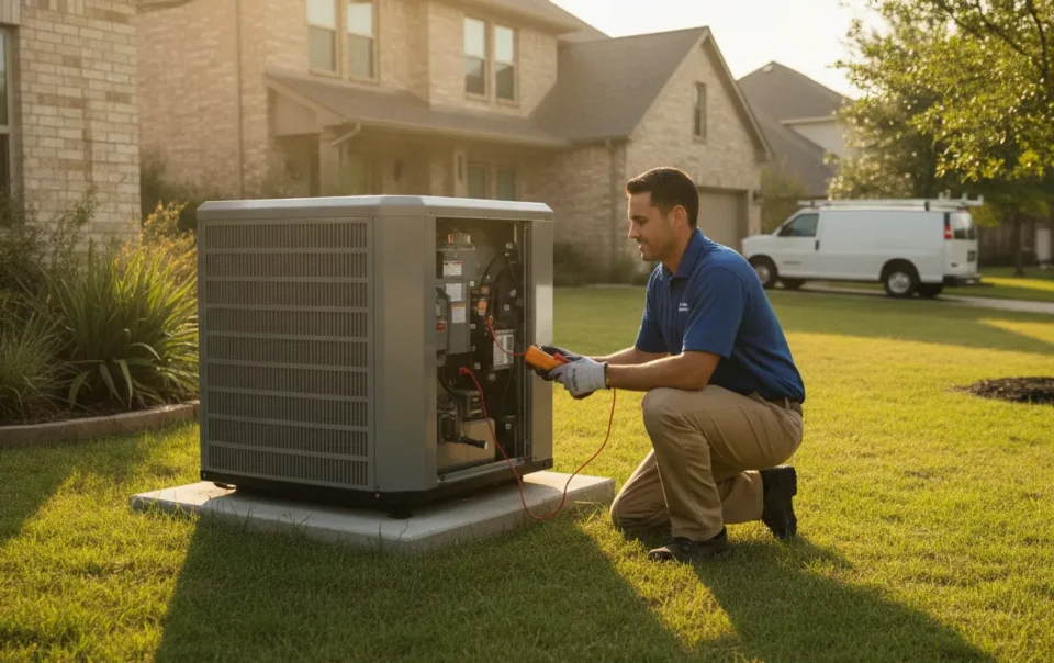 Modern HVAC condensing unit and technician beside a DFW home