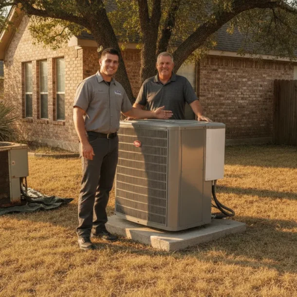 DFW technician preparing an old AC unit for replacement and responsible removal