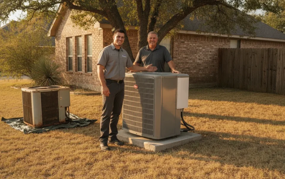 DFW technician preparing an old AC unit for replacement and responsible removal