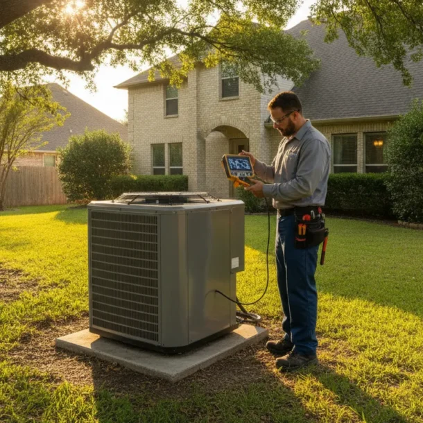 HVAC technician inspecting an AC condenser unit in a Texas backyard