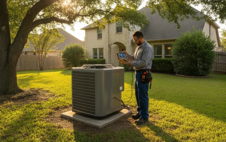 HVAC technician inspecting an AC condenser unit in a Texas backyard