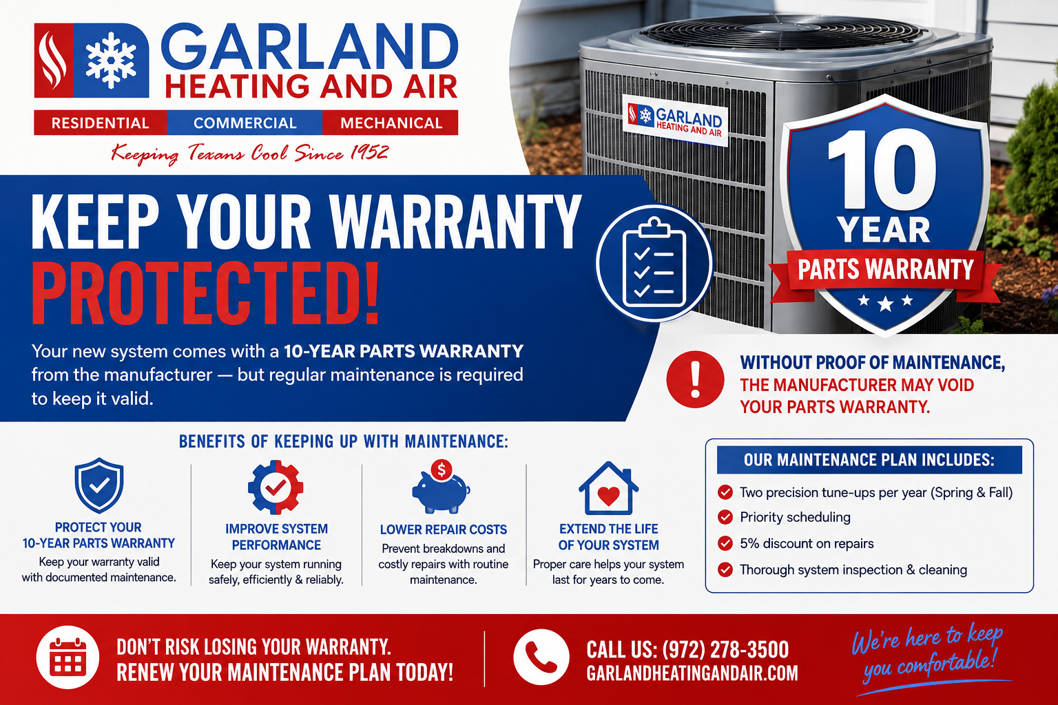 Garland Heating and Air maintenance renewal promotion: keep your warranty protected with regular maintenance.