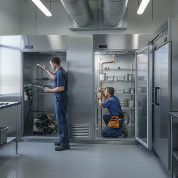 Technician inspecting commercial refrigeration equipment in the Dallas Fort Worth area