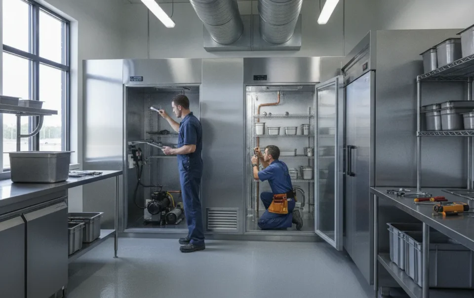 Technician inspecting commercial refrigeration equipment in the Dallas Fort Worth area