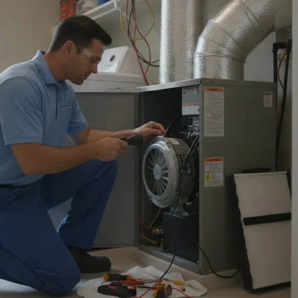 HVAC technician inspecting an AC blower motor in a DFW home