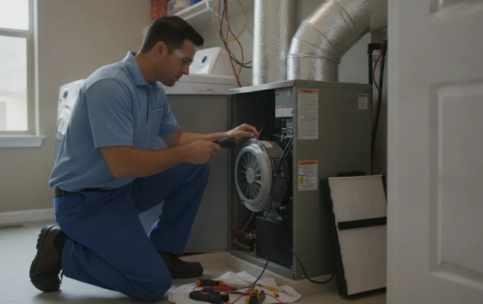 HVAC technician inspecting an AC blower motor in a DFW home