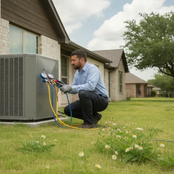HVAC technician inspecting an outdoor air conditioning unit in DFW