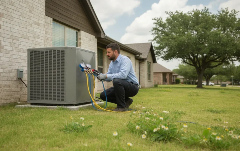 HVAC technician inspecting an outdoor air conditioning unit in DFW