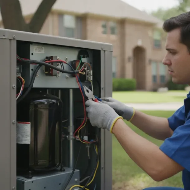 HVAC technician inspecting a residential AC compressor in a Dallas-Fort Worth home