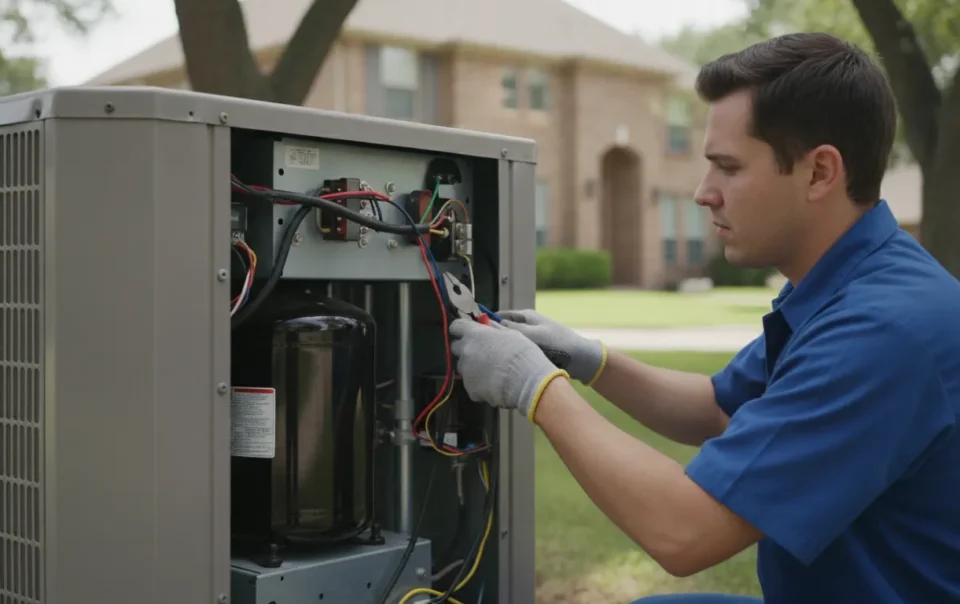 HVAC technician inspecting a residential AC compressor in a Dallas-Fort Worth home